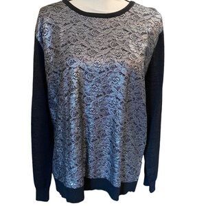 𝅺BLACK Rivet Sweater Size XL Black With Silver Floral Lace Detail Ribbed Hems